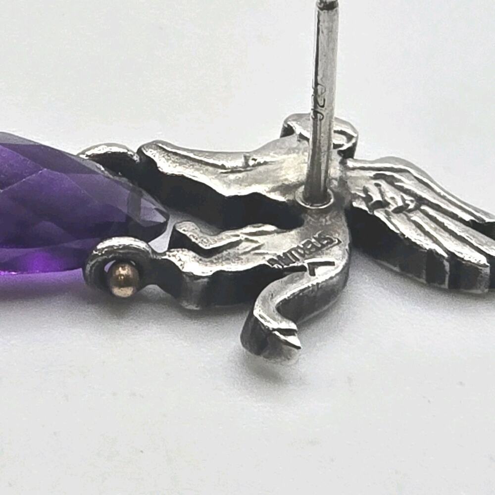 Earrings Art Deco Amethyst Monkey Cat ? Wings Sterling Small Vintage Studs S3156 - Picture 5 of 9